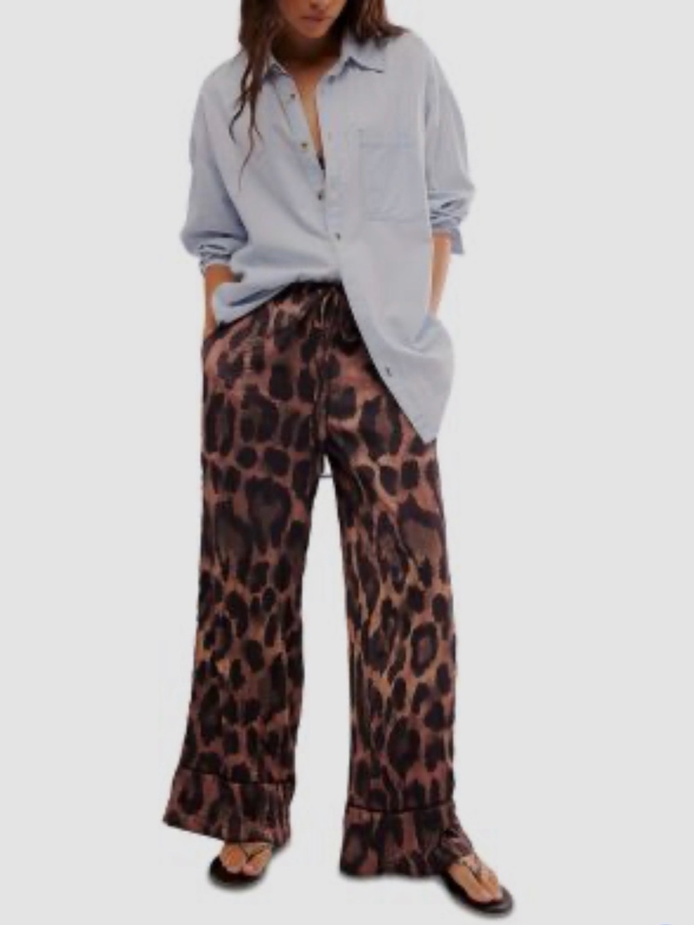 Free People Brown Leopard Wide-Leg Drawstring Pants